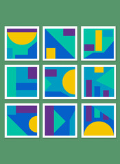A set of patterns of graphic elements and simple geometric shapes in bright colors. Templates for card design, posters, wall art and decorative printing. vector abstract compositions
