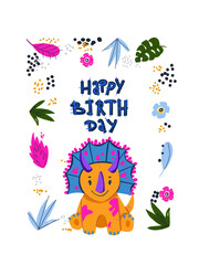 Cute cartoon little dinosaur - vector illustration. Cute simple dino, floral elements, birthday card.Great for designing baby clothes.