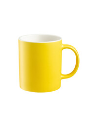 A bright yellow ceramic mug without a pattern and a print with a round handle is isolated on a white background. Side view. Layout for the design. Copy space. Perfect retouching.clipping path