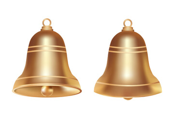 Two volumetric realistic golden Christmas bell isolated on white background