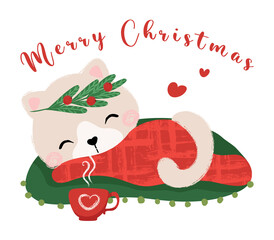 Cute cat illustration, Merry Christmas, cozy winter artworks for children.