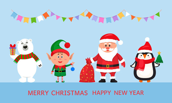 Christmas greeting card. Santa Claus with a full sack, a penguin, an elf, and a polar bear on the background of a garland of flags.