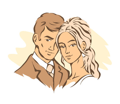 Portrait of the bride and groom. Beautiful newlywed couple. Template for decorating wedding cards and invitations. Vector illustration outline. Hand drawn sketch