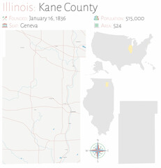 Map on an old playing card of Kane county in Illinois, USA.