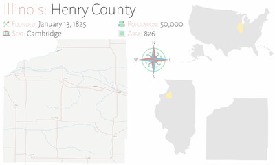 Map on an old playing card of Henry county in Illinois, USA.