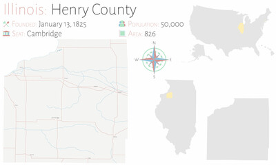 Fototapeta premium Map on an old playing card of Henry county in Illinois, USA.