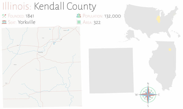 Map on an old playing card of Kendall county in Illinois, USA.
