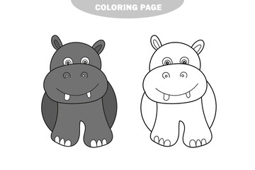 Simple coloring page. Coloring book for kids with funny hippopotamus. Color and black and white version