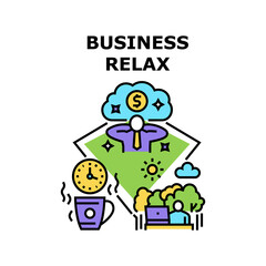 Business Relax Vector Icon Concept. Business Relax And Vacation After High Work And Job. Manager Relaxing In Nature And Drinking Drink At Coffee Break Time. Holiday Enjoying Color Illustration