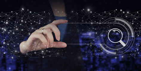 Hand hold digital hologram search data sign on city dark blurred background. Searching Internet...