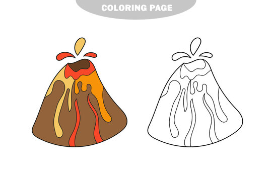 Simple coloring page. Simple children coloring book - volcano. Vector linear stylized image for children creativity. Color and black and white version