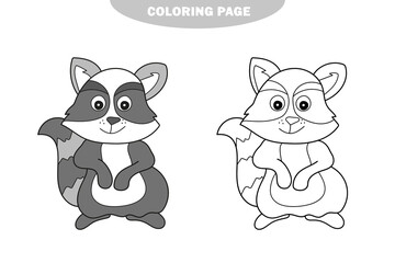 Simple coloring page. Forest animal raccoon doodle cartoon simple illustration. Color and black and white version