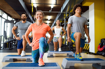Portrait of happy fit people, friends exercising in gym together. Sport people workout concept