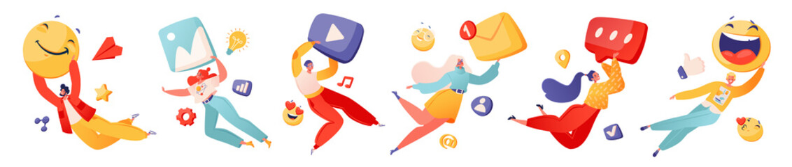 Vector illustration with joyful smiling characters in flat cartoon style. Concept of PR, advertising, marketing on Internet and social networks. People flying and holding emoji and social media icons