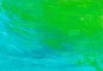 Abstract composition with a picturesque background. Textured strokes of acrylic paint on a green and blue background. Painting for your banner or design.