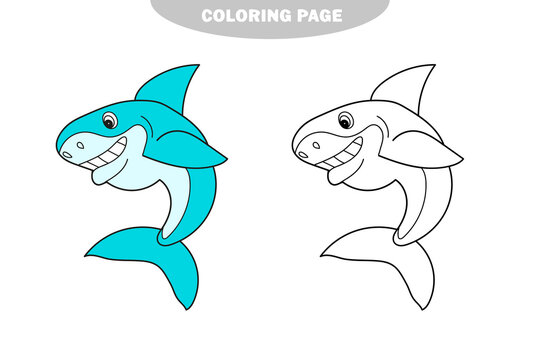 Simple coloring page. Black and White Cartoon Vector Illustration of Shark Fish Sea Life Animal for Coloring Book. Color and black and white version