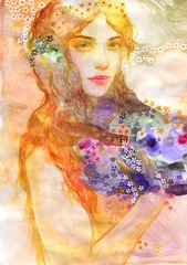 Rolgordijnen woman with flowers. beauty background. fashion illustration. watercolor painting  © Anna Ismagilova