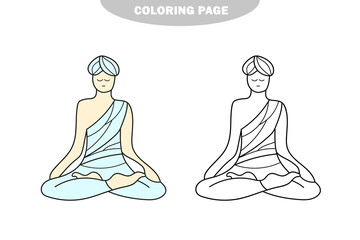 Simple coloring page. Coloring picture of cartoon yogi man meditating in a yoga pose. Kids activity. Color and black and white version