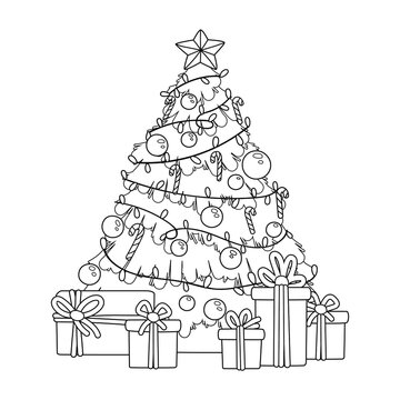 Line drawn christmas tree. Vector illustration. Isolated outline for coloring book.