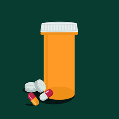 Medicine design concept. Bottle with medicines and pills in flat style on dark blue background