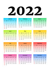 Calendar for 2022 isolated on a white background