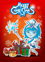 Vector illustration of a pretty snow princess with a gifts. Beautiful young girl. Snow queen. Merry Christmas text. Cartoon illustration.