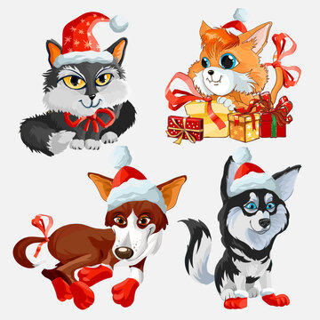 New Year animal set, Christmas animal characters vector illustrations set. Black cat, lying dog, husky, orange cat with gifts. Isolate