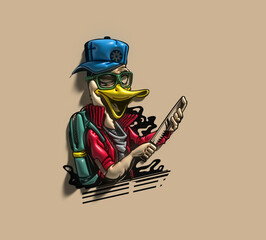 Duck thief cartoon holding knife in his hand concept for 3D t-shirt print illustration.