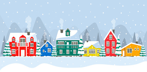 Snowy day in a cozy Christmas panorama of the city. Winter christmas village landscape. Colorful houses Iceland, North Pole, Holland