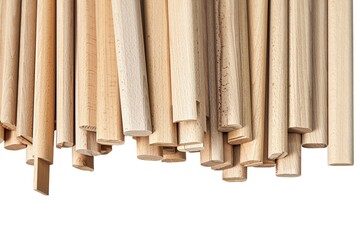 Huge pile of wooden bars made of solid beechwood material on white background closeup upper view