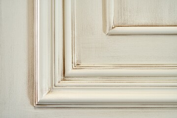 Furniture beige facade panel with moldings and brown patina in classical style extreme closeup