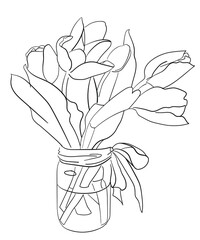 Contour drawing of a bouquet of tulips with a bow in a glass jar - 471050921