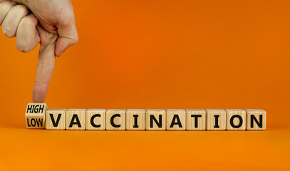 High or low vaccination symbol. Turned cubes and changed words 'low vaccination' to 'high vaccination'. Beautiful orange background, copy space. Medical, covid-19 pandemic vaccination rate concept.