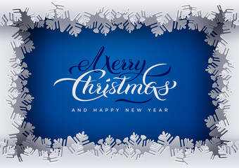 Merry christmas and happy new year banner, blue background, white frame decoration with paper snowflakes. Holiday design for greeting card, banner, invitation. Paper cut out style, vector illustration - 471051181