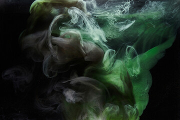 Green smoke on black ink background, colorful fog, abstract swirling emerald ocean sea, acrylic...