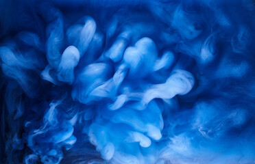 Blue smoke on black ink background, colorful fog, abstract swirling ocean sea, acrylic paint...