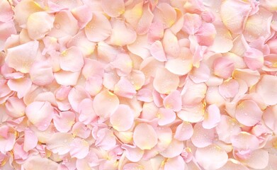 Fototapeta na wymiar Rose petals and rose flowers pastel background for greeting cards; wedding, birthday and Saint Valentine's day decoration; jewelry and cosmetics presentations. Fallen rose petals screensaver.