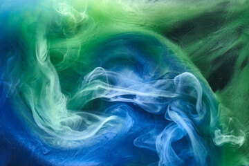 Blue green smoke on black ink background, colorful fog, abstract swirling ocean sea, acrylic paint...