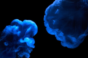 Blue smoke on black ink background, colorful fog, abstract swirling ocean sea, acrylic paint...