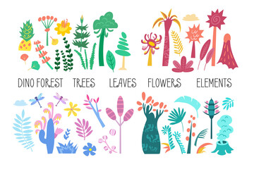 Vector set of flat illustrations. Plants, trees, leaves, flowers, elements of tropical, prehistory Dino forest. Flat cartoon vector illustration.