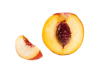 Fototapeta na wymiar Half and slice of nectarine and peach isolated on white background.