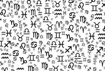 Background, banner and wallpaper for design. Zodiac signs symbols at different angles, chaotic on a white background. Pattern. 3d
