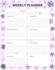 Winter background. Holidays, Christmas. Printable Weekly planner, organizer. Hand-drawn notes, to do list. Time management planning sheets. Pre-made stationery organizers. Shopping, meals list, notes