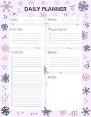 Winter background. Holidays, Christmas. Printable Daily planner, organizer. Hand-drawn notes, to do list. Time management planning sheets. Pre-made stationery organizers. Shopping, meals list, notes
