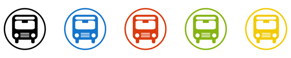 Bunter Banner mit 5 farbigen Icons: Bus, Bushaltestelle, Fernbus, Haltestelle oder öffentlichen Nahverkehr