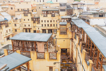 Hanging and drying leather on top of a building in tannery in Fez, Morocco