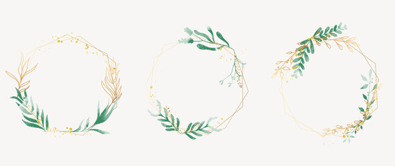 Abstract watercolor floral frame background vector.  Watercolor invitation design with leaves, flower , gold geometric frame and watercolor brush strokes. Vector illustration.

