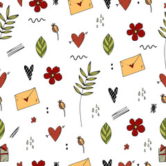 Valentine day vector illustration  mail heart flowers seamless pattern on white background