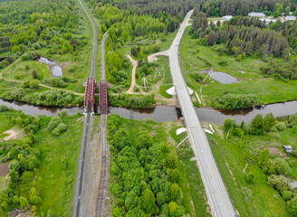Aerial view of road and railway bridges (Yurya, Kirov region, Russia)