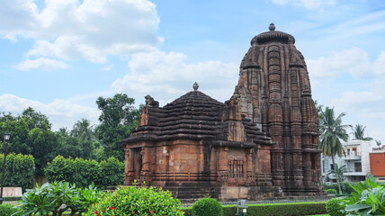 Façade of Jagamohana and Vimana of Rajarani Temple. 11th century Odisha style temple constructed...